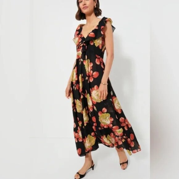 NWoT  The GREAT. The Geranium Midi Dress Romantic Ruffle V-Neck Cabbage Rose - Picture 2 of 16